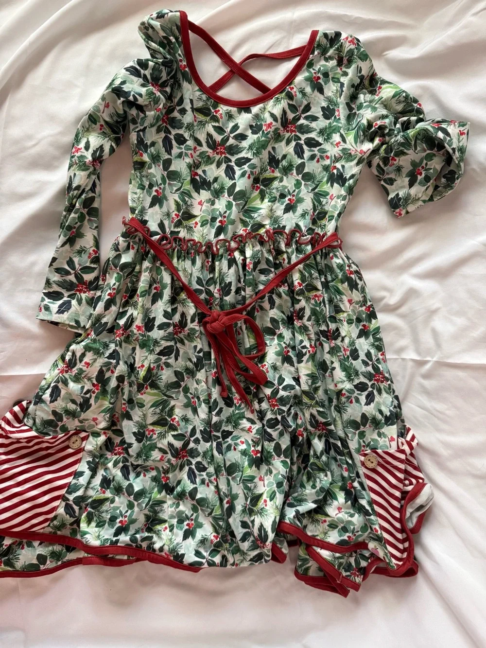 Girls Floral Holiday Dress with Red Trim and Berry Print